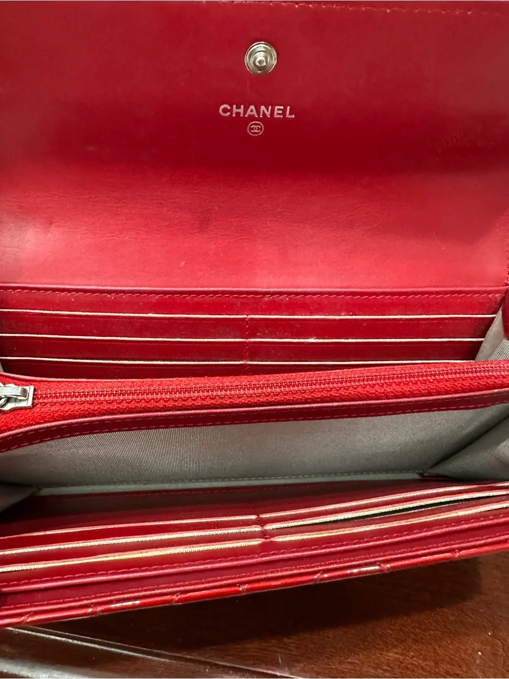 Chanel Classic Red Patent Quilted Long Flap Wallet Silver CC 13 Series